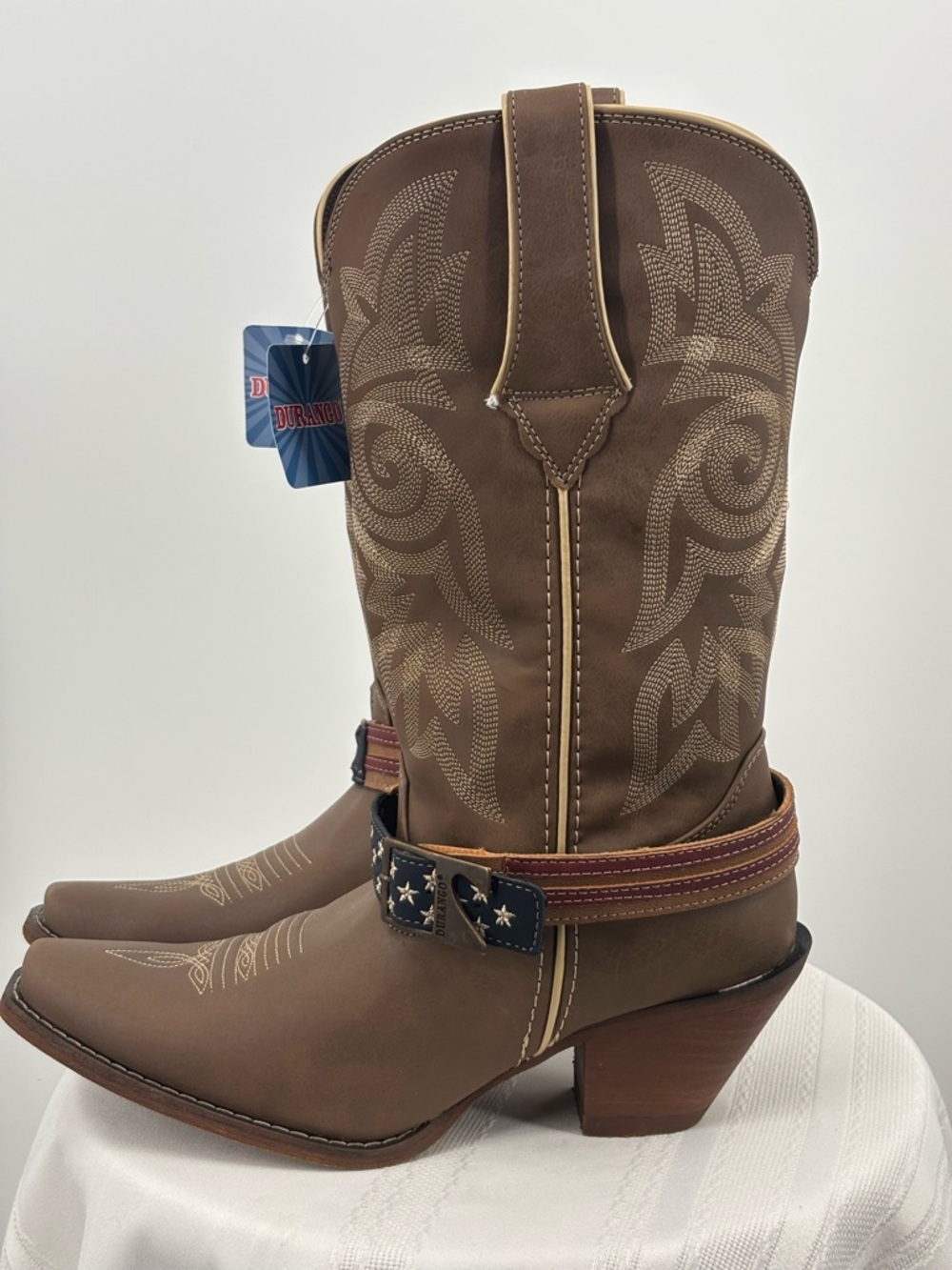 Durango Brown Western Heeled Boots with Star-Spangled Strap - Picture 3 of 8